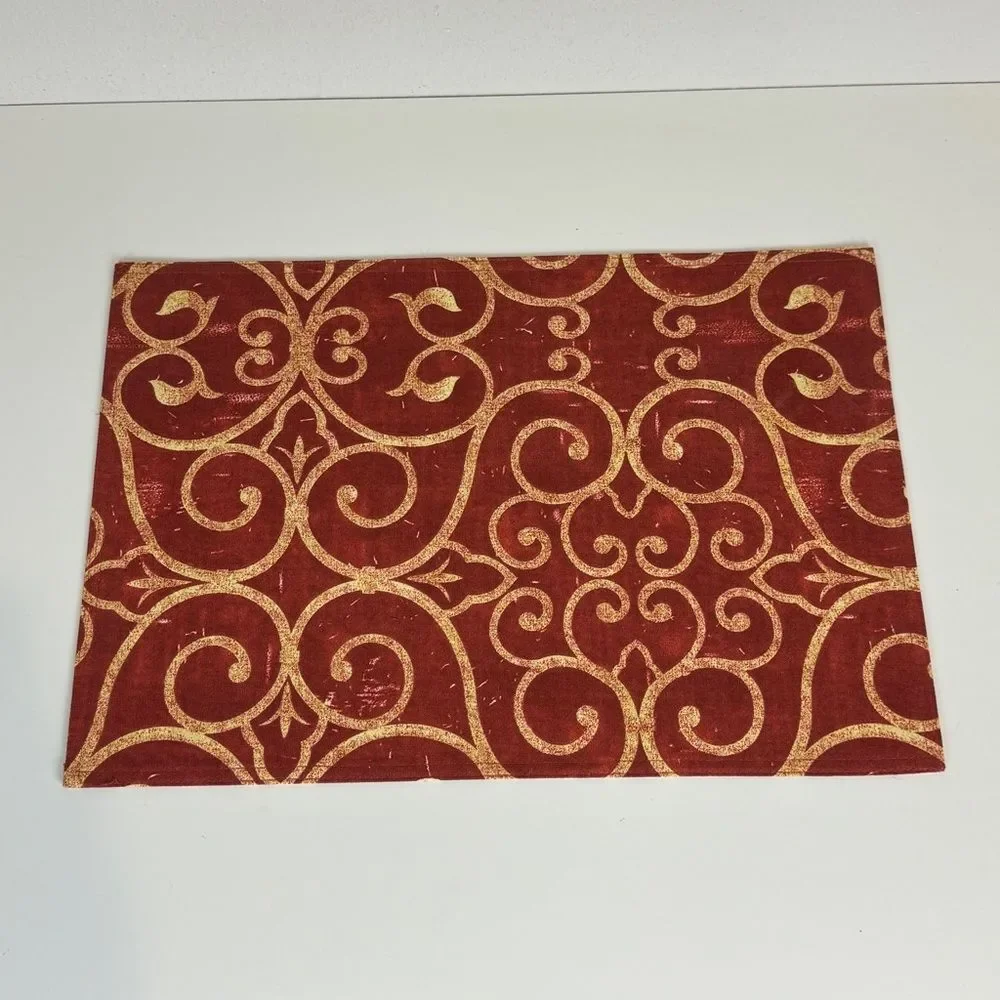 4 Red Yellow Scroll Pattern Fabric Placemats